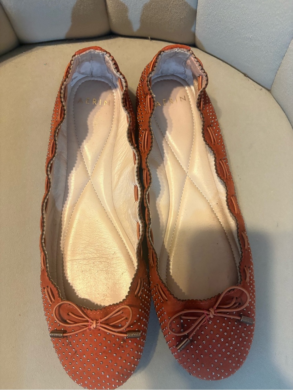 Aerin Rust Suede Studded Ballet Flats with Bow